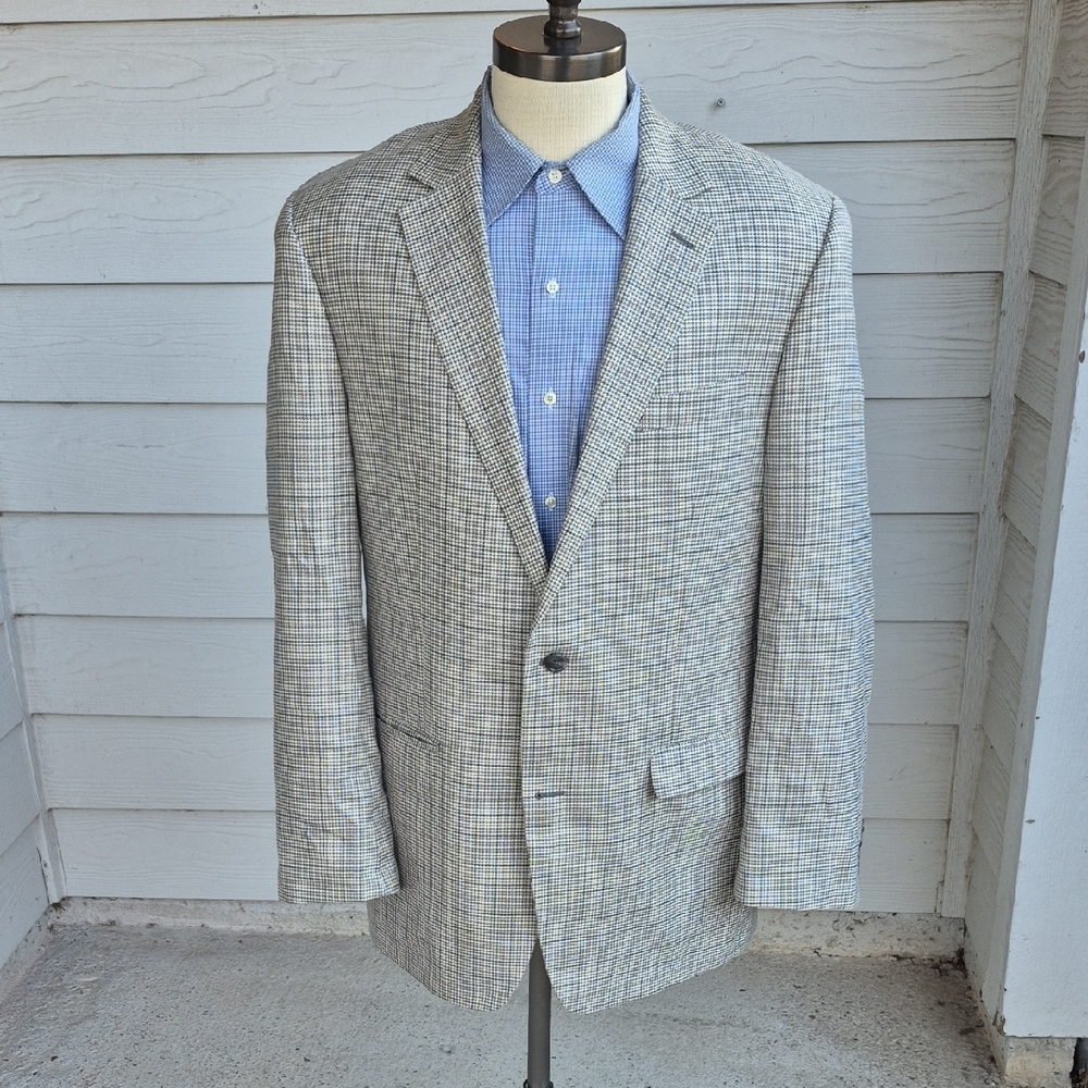 MICHAEL KORS Beige Grey Tan Plaid Wool Silk‎ Mens Sz 44 L Sport Coat Blazer